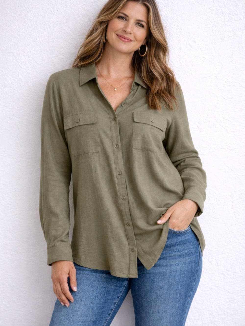 Chico's‎ Soft 3/4-Sleeve Button-Up Shirt Olive XL Chico's 3 Minimalist Casual